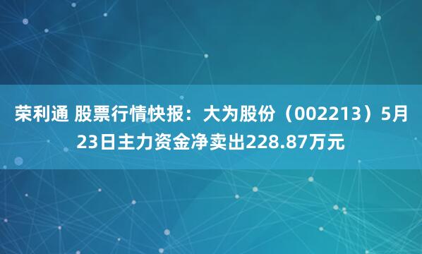 荣利通 股票行情快报：大为股份（002213）5月23日主力资金净卖出228.87万元